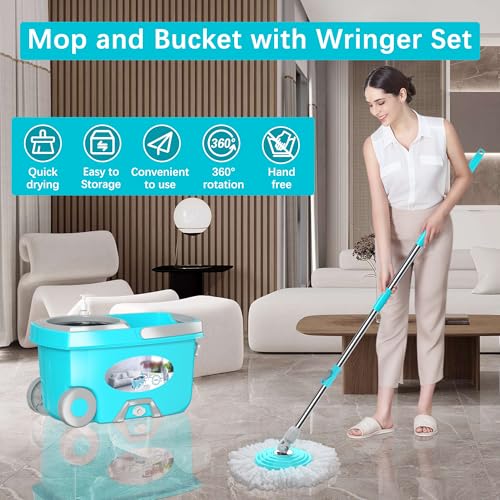 FunClean Wischmopp und Eimer, Wischmopp und Eimer mit Auswringer-Set für Zuhause, 360° drehbares Wischmopp-Bodenreinigungswerkzeug mit 6 Mikrofaser-Ersatzkopf-Nachfüllpackungen, 155,9 cm verlängerter – Bild 8