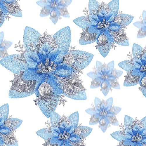 24 Pcs Christmas Glitter Artificial Poinsettia Flowers Xmas Poinsettia Artificial Wedding Flowers Decorations Xmas Tree Ornaments with Clips for Party Favors, 6 Inch, 4 Inch, 3 Inch (Rose Gold)