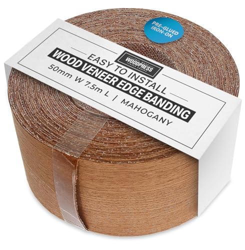 WoodPress® Borde termoadhesivo de Madera de Caoba auténtica de 50 mm - Rollo de 7,5 m - Cinta de Chapa de Madera prepegada para una fácil aplicación de Bricolaje