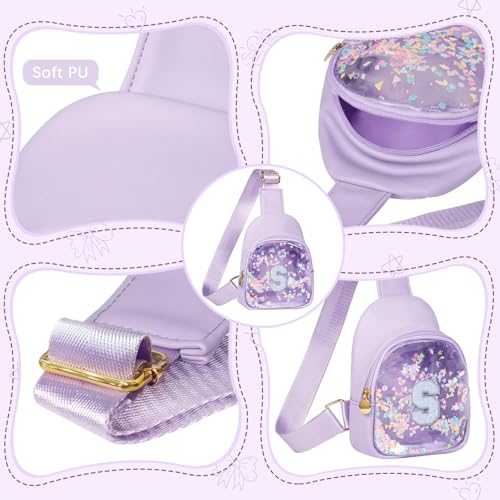 Image of COSHAYSOO Cute Funny 2 3 4 5 6 7 Year Old Girl Birthday Christmas Gift Ideas, Little Girl Purse Toddler Kids Sling Bag Crossbody Purple Small Mini Clear Chest Pouch with Sparkly Initial Letter S