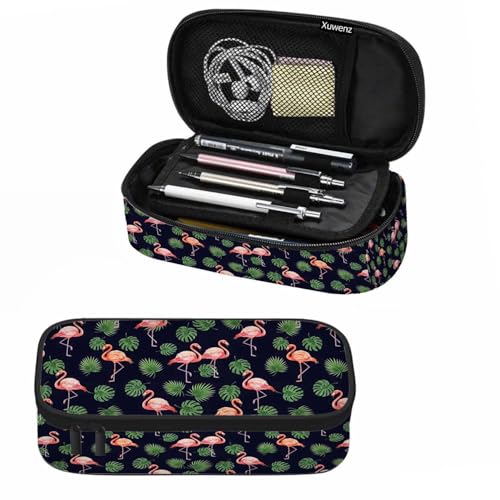 Image of Pink Flamingo Pencil Bag Green Leaves Bird Dot Dark Blue Big Capacity Pencil Case Pencil Pouch Pen Bag School Students Boy Girl