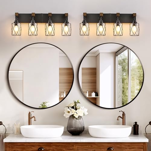 Image of Bathroom Light Fixtures, Farmhouse Wood & Black Metal with Glass Shade | 4 Light Rustic Vanity Lights, Mounted Over Mirror For Bathroom, Bedroom and Hallway, Easy To Install
