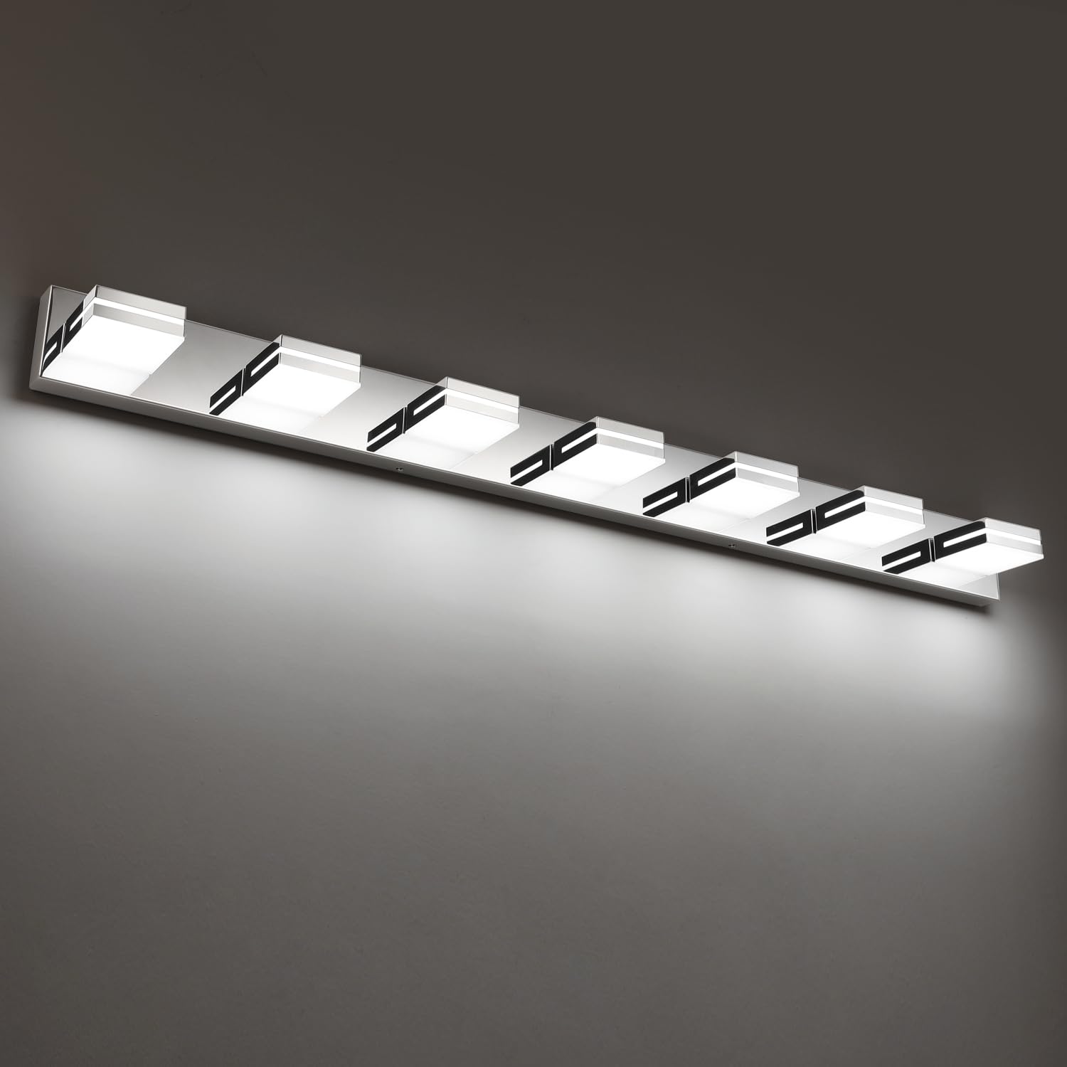 SineRise LED Modern Bathroom Vanity Light Fixtures, Modern Acrylic Bathroom Wall Lighting Fixtures Over Mirror, 7-Light, 55-Inch, Chrome, White