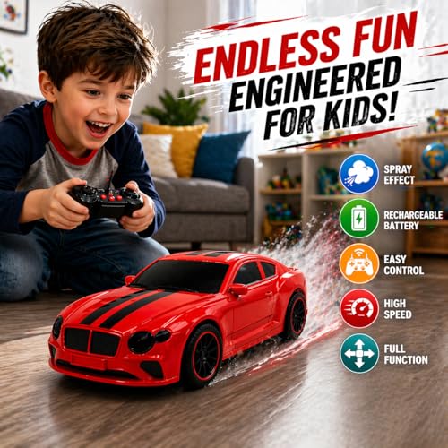 Image of The Flyers Bay Famous Millionaire Remote Control Car for Kids 4+ with Music, 3D Lights, Water Spray, Rechargeable Battery, 7 Function RC Toy Car with Type-C Charging (Red)
