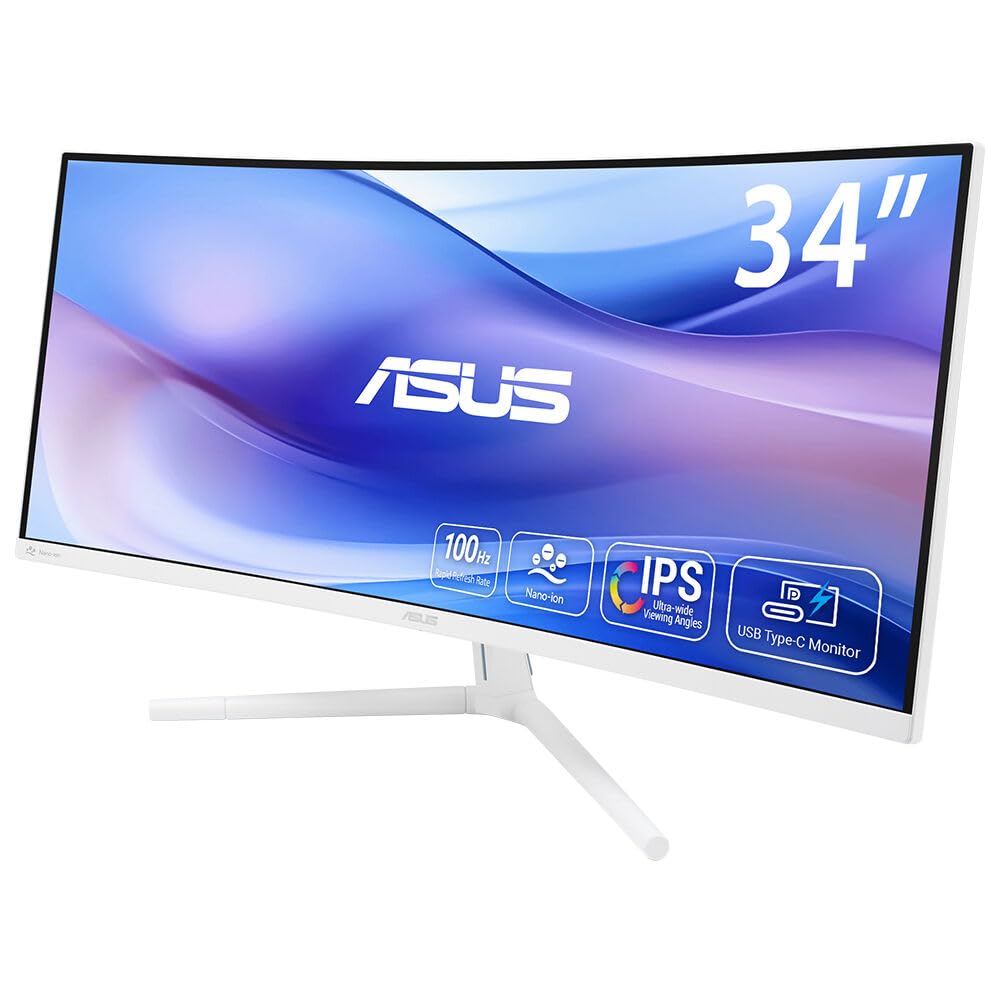 ASUS VU34WCIP-W, Eye Care Monitor Curvo da 34" WQHD (3440 x 1440), Bianco | Curvatura 1500R, 100 Hz, Nano-Ion, Purificazione dell'Aria senza Filtro, Tecnologia Eye Care Plus, Altoparlanti Stereo