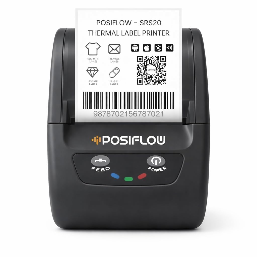 SHREYANS POSIFLOW 58D Portable Bluetooth & USB Thermal Label and Receipt Printer (2-Inch / 58mm) | Inkless Billing & Barcode Printer for Retail & Mobile Use | Includes 500 Labels