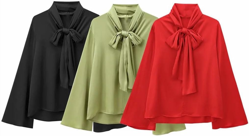 Women's Bow Decoration V-Neck Long Sleeved Silk Shirt Black M(6)