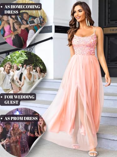 Image of ShawGobow Tulle Prom Dress with Slit,Sequin Backless Long Flowy Dresses for Women,Sexy Sparkly Outfits Homecoming Wedding