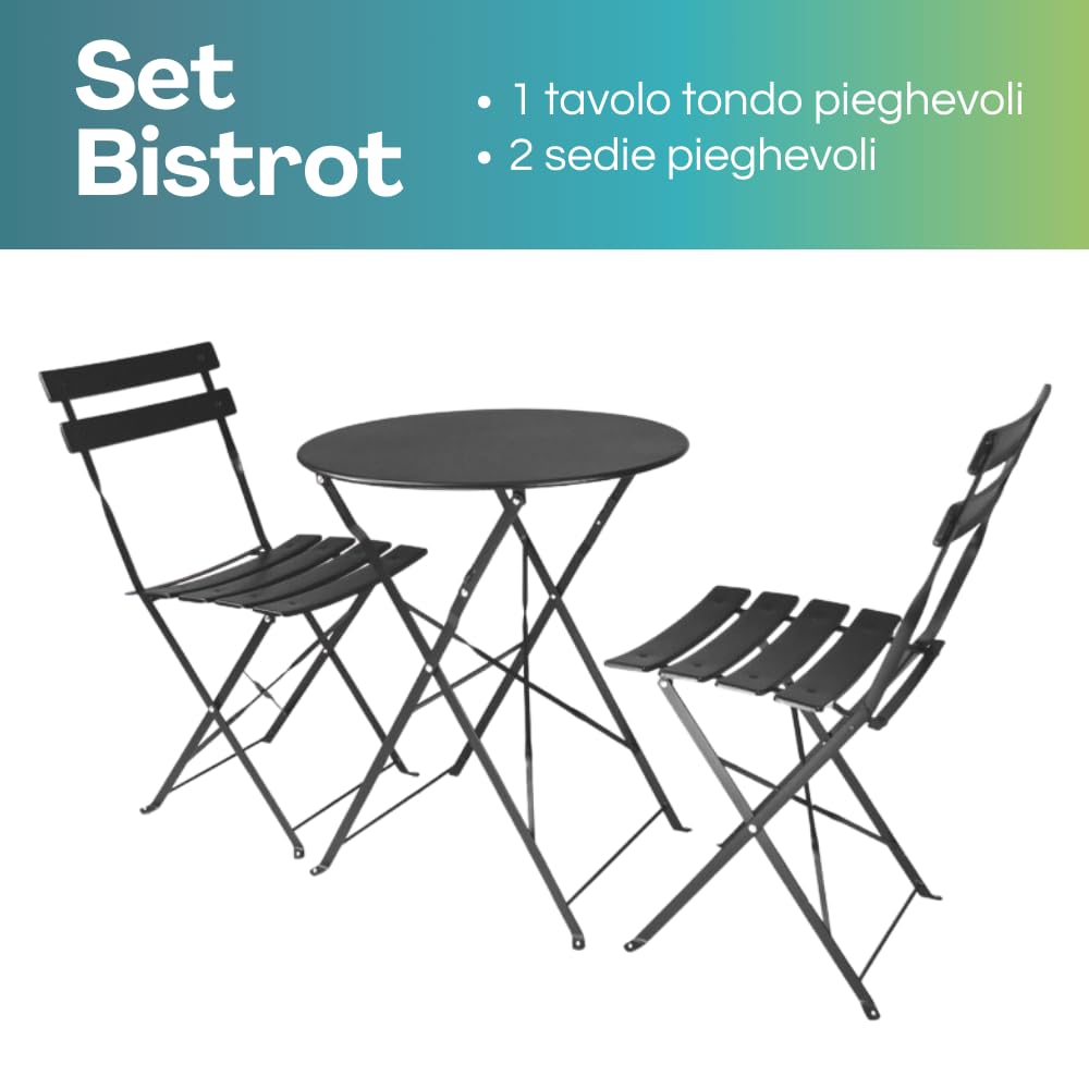 PALUPLUS Set da Bistrot 3 Pezzi, Tavolo TONDO Pieghevole 60x71 cm, 2 Sedie in Metallo 41x46x90 cm, per Balcone e Giardino, Design Retrò e Salvaspazio -7155F-15,8 (Grigio Antracite)