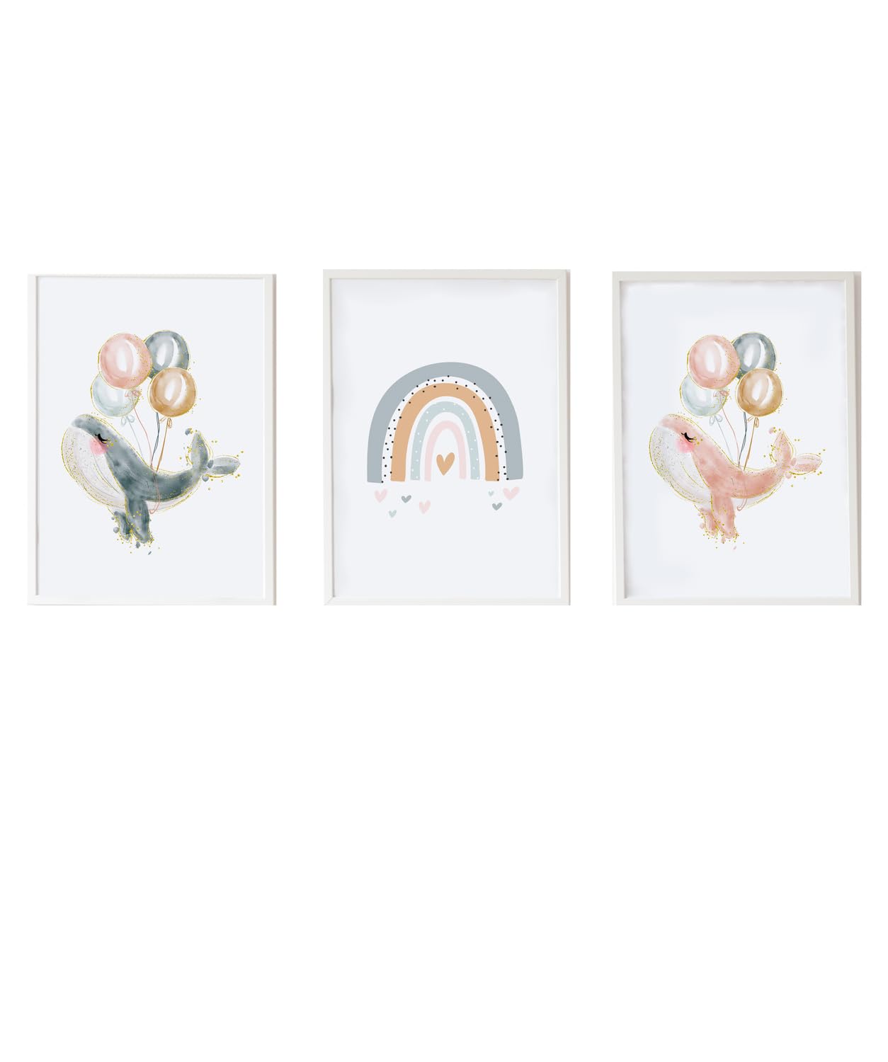 Set 3 Láminas infantiles formado por Lámina ballena gris con globos, Lámina ballena rosa con globos y Lámina arcoiris gris