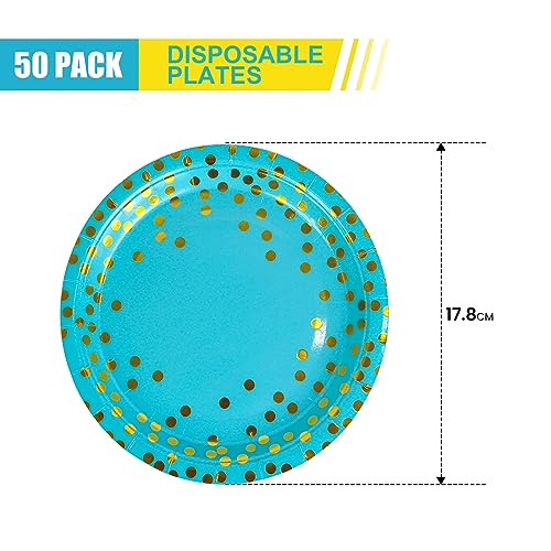 DHAIQC 50 Pezzi Blu Oro Piatti di Carta per Feste