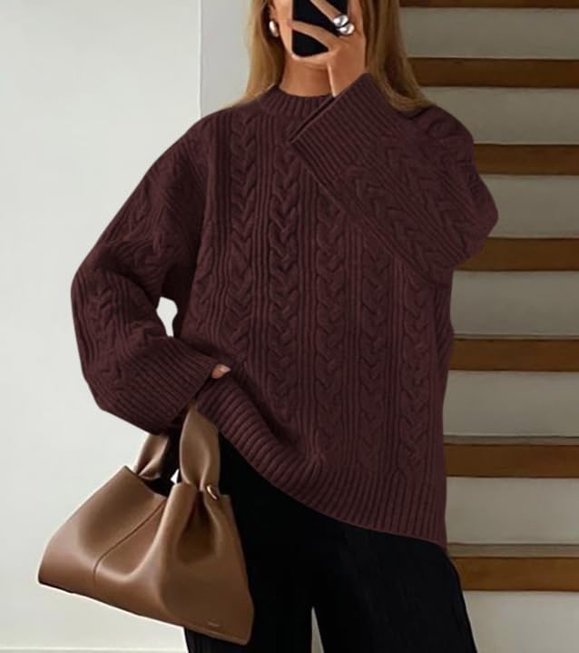 Okiwam Women's Oversized Sweaters Crewneck Cable Knit Pullover Casual Loose Fall Outfits Fashion Clothes 2025