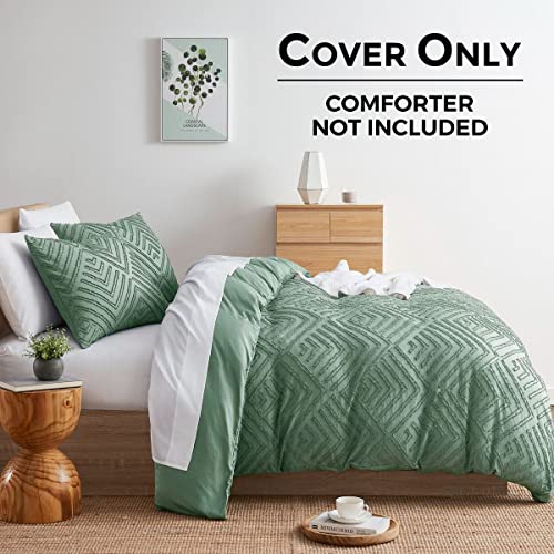 Image of Nestl Boho Duvet Cover Set - Textured Queen Bedding, 3 Piece Tufted Green Duvet Cover w /Zipper Closure, 90x90 Inch & 2 Pillow Shams