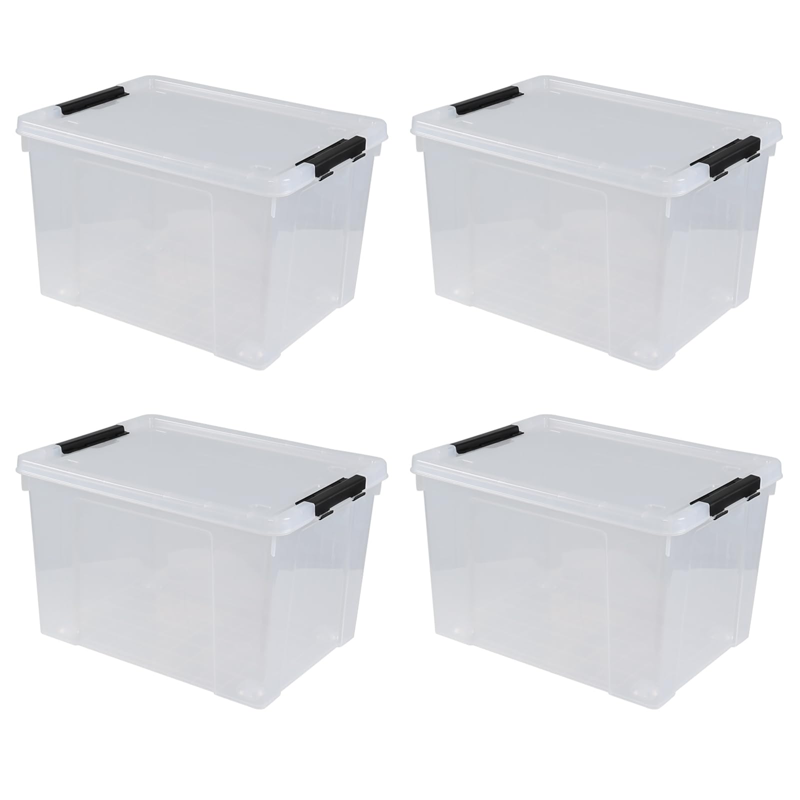 50 L Large Plastic Storage Bins with Latching Lids and Wheels, 4-Pack Clear Stackable Boxes for Closet, Garage
