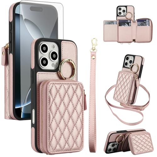 Phone Case for iPhone 16 Pro Max 6.9 inch Wallet Cover RFID Blocking with Screen Protector Wrist Crossbody Strap Zipper Ring Buckle Card Holder Slots i Phone16 ProMax 16ProMax Women Girls Rose Gold