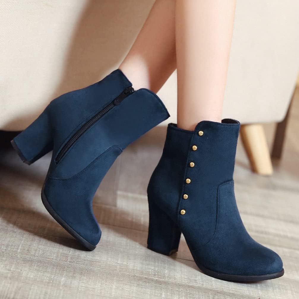 KOKOMOMO Womens Faux Suede High Heel Booties Round Toe Chunky Heel Ankle Boots with Zip Up