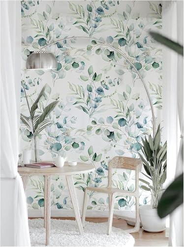 Image of ELTON Waterproof Peel and Stick Floral Wallpaper, Self-Adhesive Vinyl Wall Covering for Bedroom, Living Room Bathroom Cabinet, Countertop (45 x 600 cms, Green Eucalyptus Leaf Pattern)