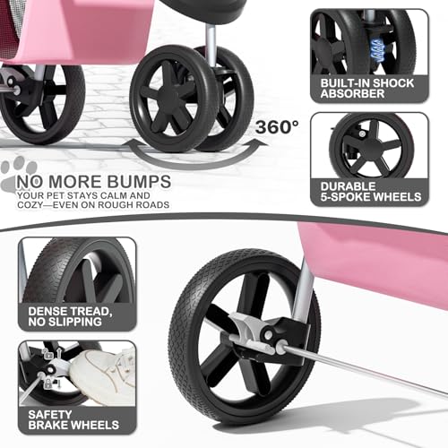 Image of MoNiBloom 3-Wheels Foldable Pet Stroller with Waterproof Cover, Pet Strolling Cart for Small /Medium Dogs and Cats with Storage Basket and Cup Holder, Breathable and Visible Mesh for All-Season, Pink