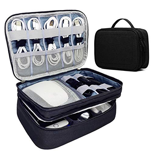 Electronics Travel Organizer, Double Layer Cable Organizer Bag, Waterproof Portable Electronics Accessories Case Storage for iPad Mini, USB C Hub, Charger Cord,Flash Drive,Phone, Gift for Him, Black