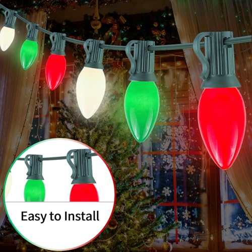 Image of 25FT C7 Christmas Lights Outdoor, Red Green White 3-Color LED String Lights for Roof, Fence, Tree, Wedding, Party, Patio, Bright Holiday Decor