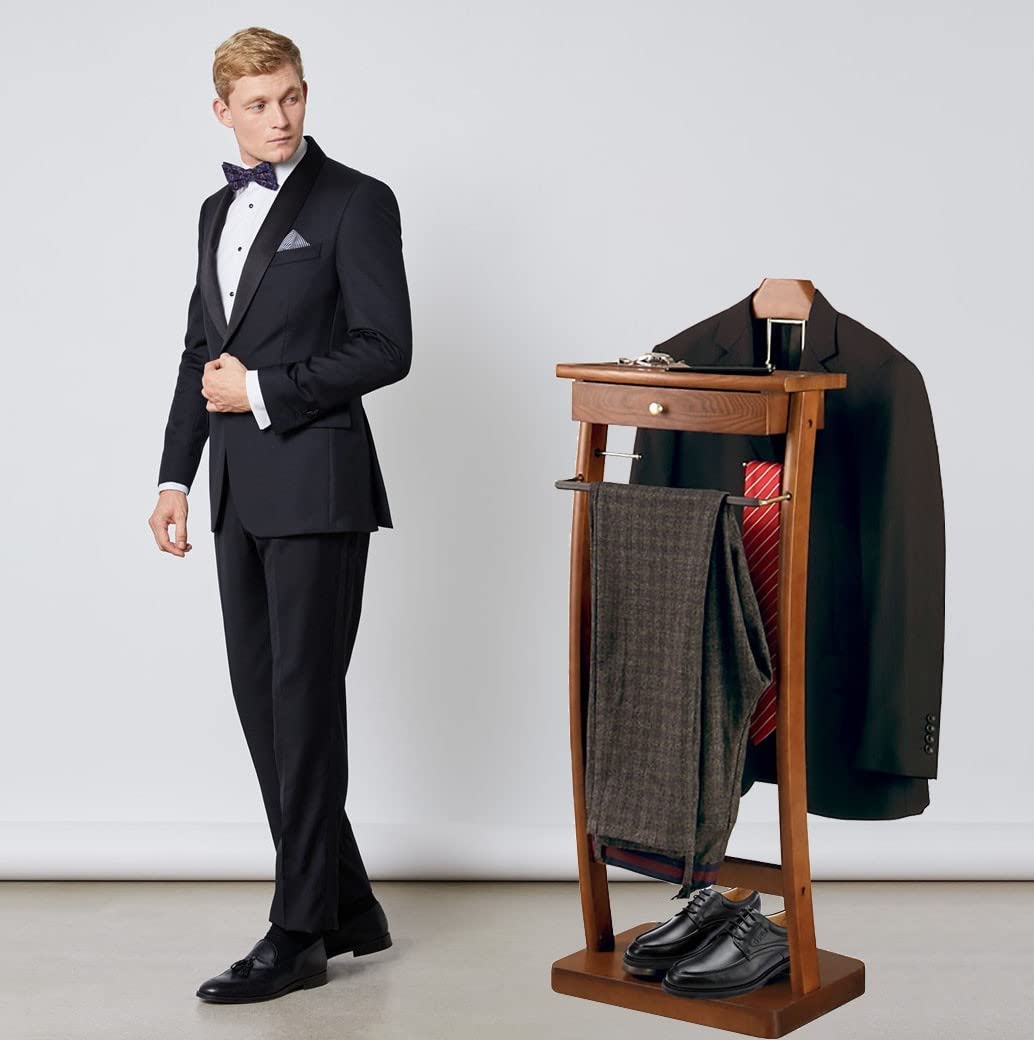 RajoNN Perchero de pie Perchero de pie Perchero de pie para Ropa, Perchero de Madera Maciza con estantes y cajones Perchero de pie para Ropa con Percha Ancha Curva y Zapatero