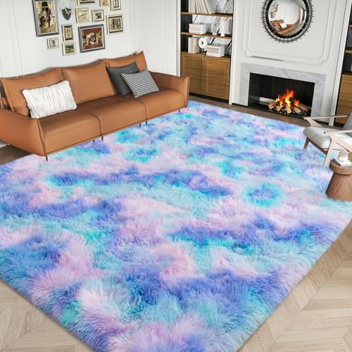 Image of Dssimo Cute Furry Purple Rainbow Rugs for Bedroom Girls Room Decor