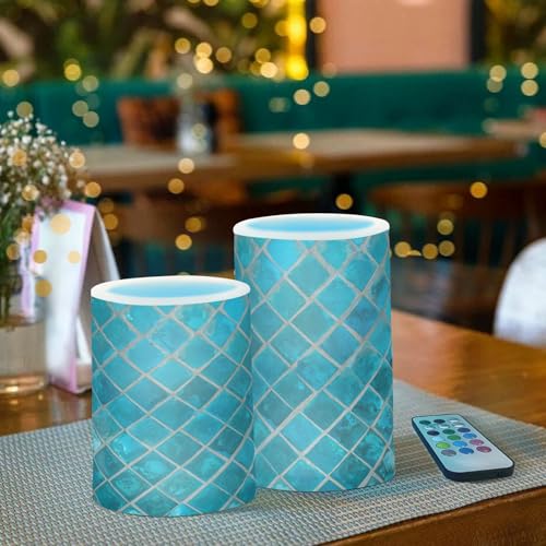 Image of Eionryn Turquoise Ceramic Mosaic Flameless Candles Moroccan Pattern Green Teal Battery Operated LED Candles with Remote Timer Electric Candles for Home Party Decor 2pcs