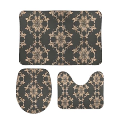 QAZPL Nuansexi Bathroom Rug Sets Ornament Background Black Bath Toilet Rugs Set 3 Piece Anti Slip U-Shape Contour Toilet Mat Coral Velvet Absorbent Machine Washable Bathroom Toilet Decor