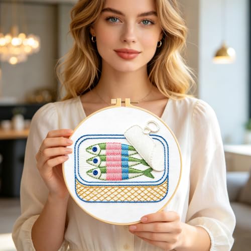 Image of INFUNLY 4Pcs Canned Sardines Embroidery Kit 12 Inch Round Pink Fish Wreath Needlework Practice Set Nautical Fish Embroidery Kits with Hoop for Adults Home Decor Birthday Gift