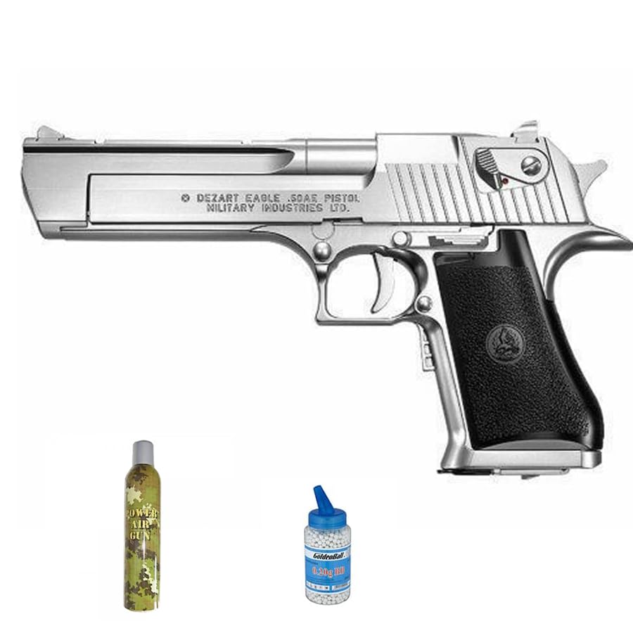 Hop-up: Sì, regolabile. Pistola Airsoft Desert Eagle 50A GBB (colore argento)  Arma di grande realismo alimentata a Green Gas + bombola di gas e pallini (Potenza: 1 joule)