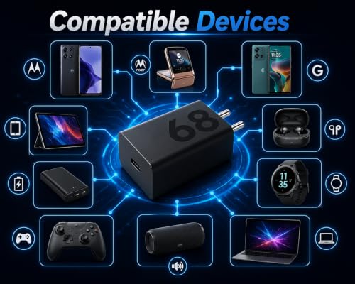 Image of 68W Turbopower Type C Adapter with 3.3 Ft USB C to USB C Cable Compatible with Motorola Edge 70 /60 Pro /Ultra /Fusion /Stylus /G67 Power /G100 /G96 5G /G57 /G86 /g85 /Razr 50 /G35 /G62 /Tab |68 W Charge, Black