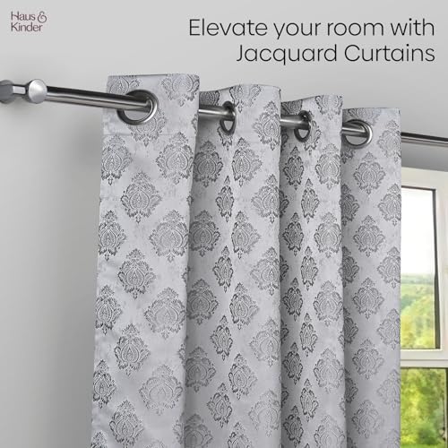 Image of haus & kinder Jacquard Door Curtain 7 Feet Long Pack of 1 Door Curtain, 7 Feet Curtain for Door (Silver Crest, Grey Classic Damask Design 130x213 CM)
