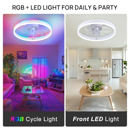 Image of 20 inch RGB Ceiling Fans with Lights and Remote /APP, Dimmable 3000-6500K LED Low Profile Ceiling Fan with Light, Modern Fandelier Flush Mount Ceiling Fan Light for Living Room, Bedroom and Kitchen