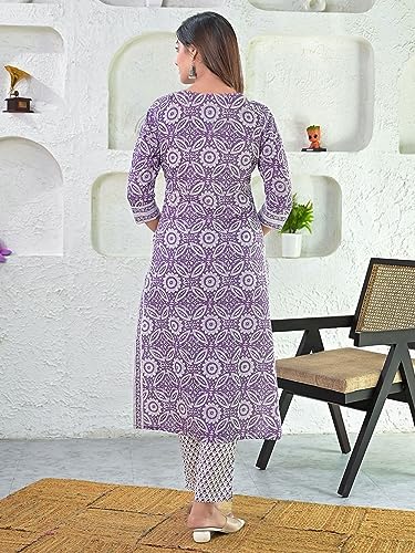 Image of GoSriKi Women's Cotton Blend Straight Printed Kurta with Pant & Dupatta (Nihira Purple-STN-GS 5XL Purple XXXXX-Large)