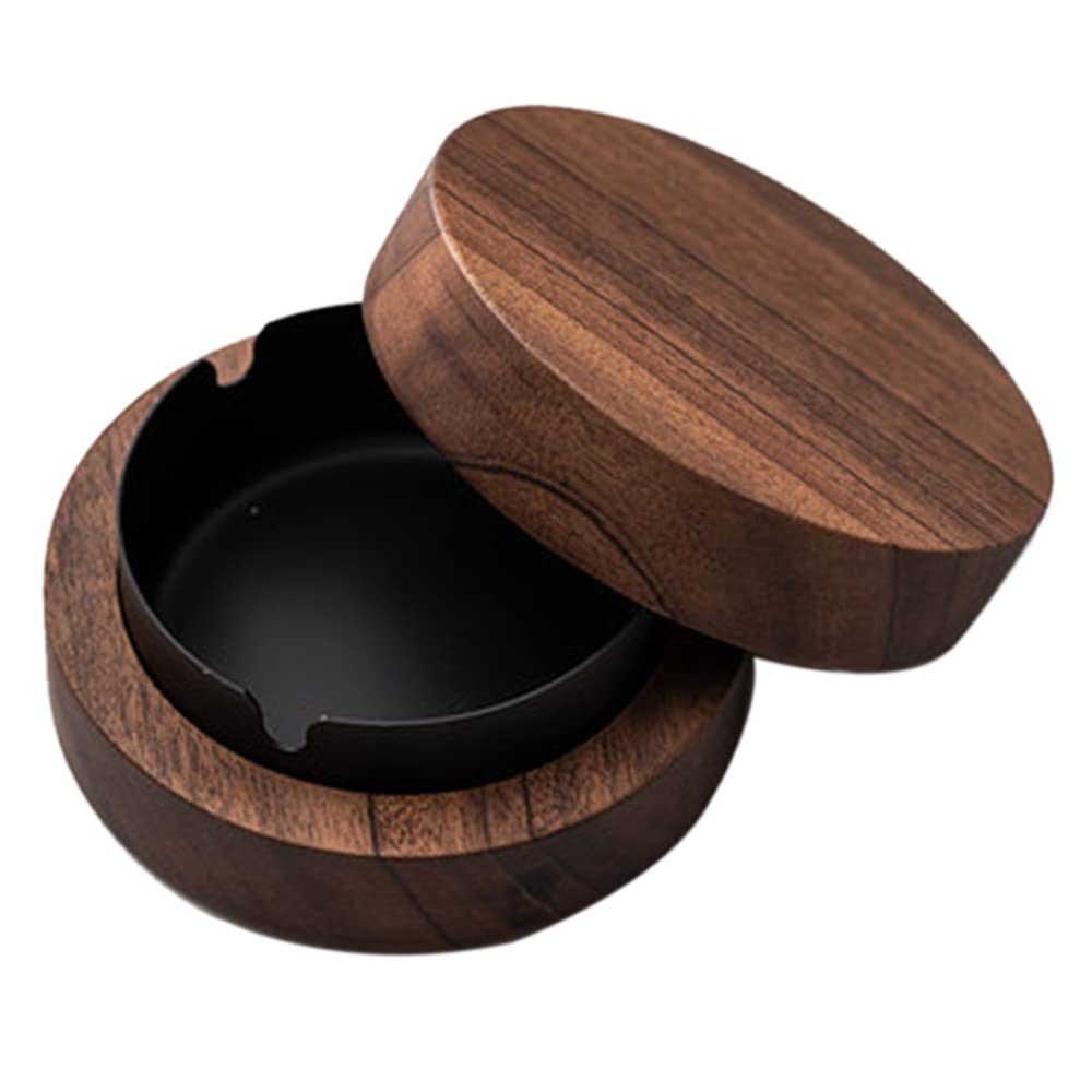 Hausdec Walnut Ashtray with Lids Windproof Wooden Ashtray Portable Ash Holder for Smokers Desktop Office,Men's Gift(Black)