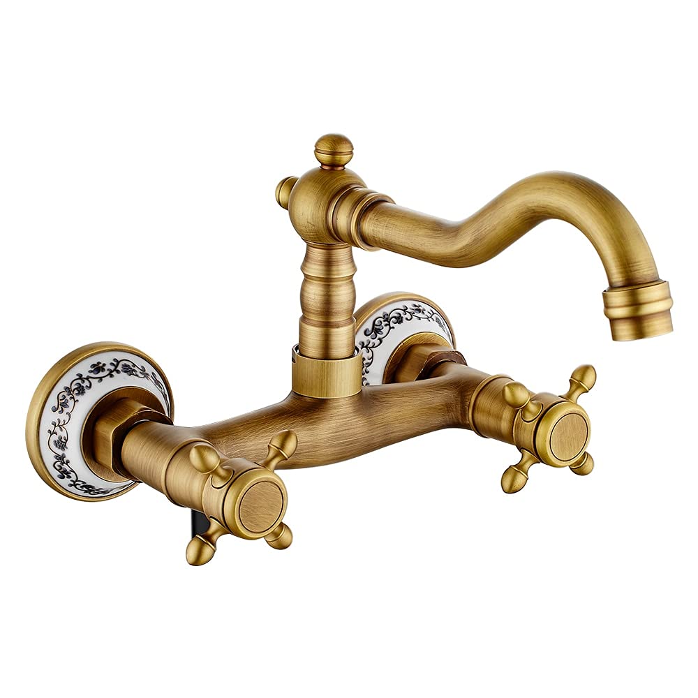 ZYCHSJXA Antique Brass Kitchen Faucet Wall Mounted Mixer Tap Hot and Cold Water Double Holes Rotatable Sink
