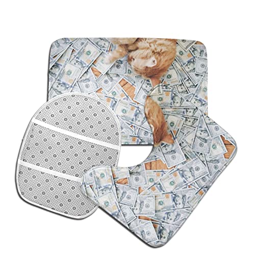 MBNGGAB Badematte + Konturmatte + Toilettendeckelbezug, Katze Kätzchen Dollar Geld 3 Stück Badematte Set, mit rutschfester Klebeunterseite – Bild 5