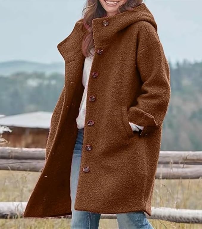 Women's Winter Single Breasted Long Wool Hooded Casual Coat Blend Trench Coat Jacket - Image 3