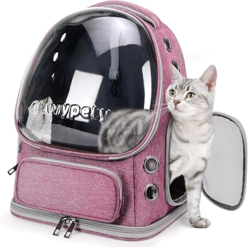 Image of Cawypety Cat Backpack Carrier, Breathable Cat Carrier Pet Backpack for Kitty Small Dog Up to 15Lbs, Transparent & Foldable Pet Carrier for Travel Hiking (Pink.)