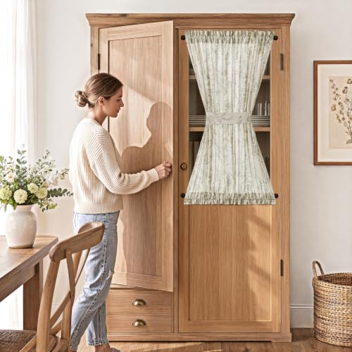 Image of jinchan Alice Floral French Door Curtain Farmhouse Linen for Sliding Glass Door 40 Inches 1 Panel with Tieback Light Filtering Curtain for Window Patio Rod Pocket Green on Linen