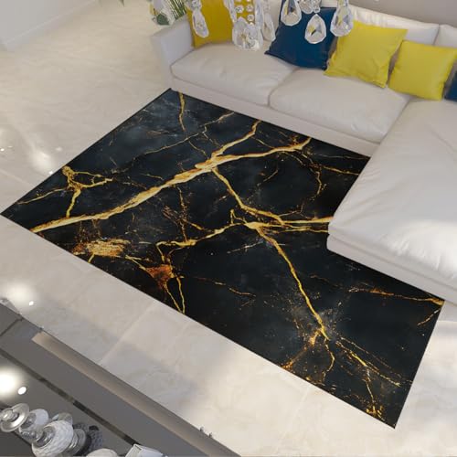 Tapis lavable 120x150 antidérapant carpette marbre noir salon - 2