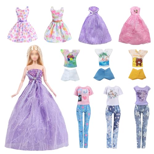 16 piezas de ropa compatible con muñecas Barbie de 11,5 pulgadas, 10 atuendos, ropa de moda y accesorios con 2 vestidos de noche, 2 vestidos, 3 juegos de ropa cotidiana, 3 juegos de ropa ligera de