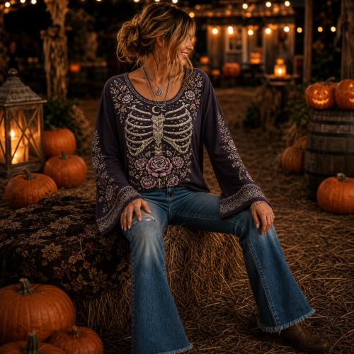 Womens Halloween Shirts Vintage Skeleton Bell Sleeve Crew Neck Top - image 3