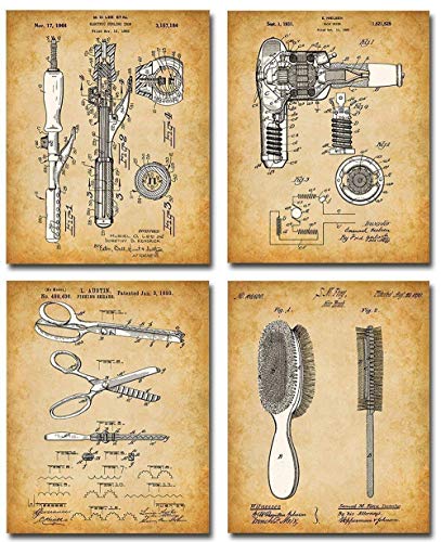 Original Hair Styling Tools Patent Art Prints - Set of 4 Photos - A Great Addition for Home and Salon Decor - Unique Gift for Hairdressers and Beauty Lovers, 8x10 Unframed Patent Print Poster