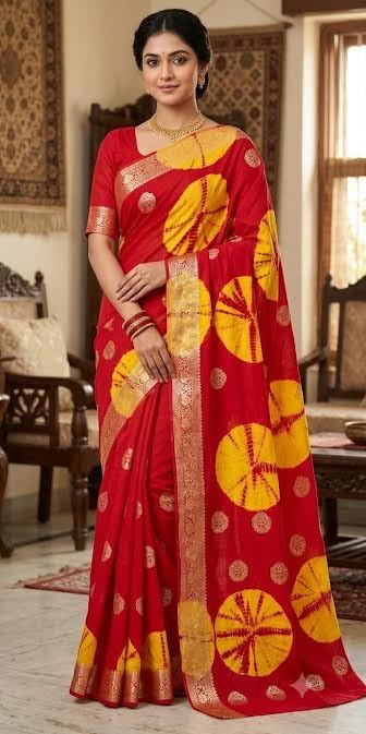 Image of Women's Georgette Batik Print Saree with Woven Zari Border Traditional Saree for Wedding Festival Use
