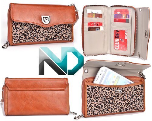 Women's Smartphone Clutch fits Apple iPhone 6 | Includes Removable Shoulder Strap (Sienna Brown/Classic Leopard Print) +NextDia Velcro Tie