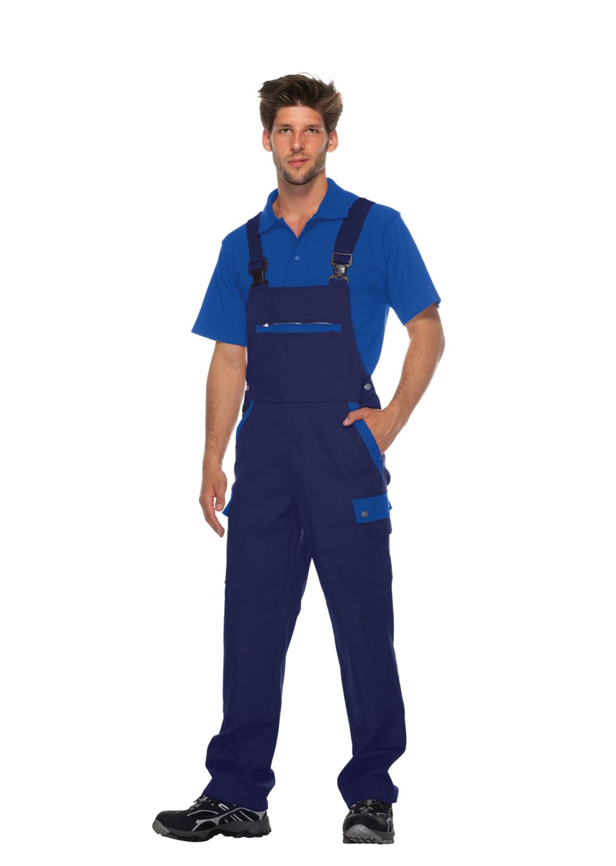BP Profil 1844-720-10 Latzhose - Stretch-Hosenträger - Verstellbarer Bund - Taschen für Knieschoner - 65% Polyester, 35% Baumwolle - Normale Passform - Größe: 62 - Farbe: dunkelblau/königsblau