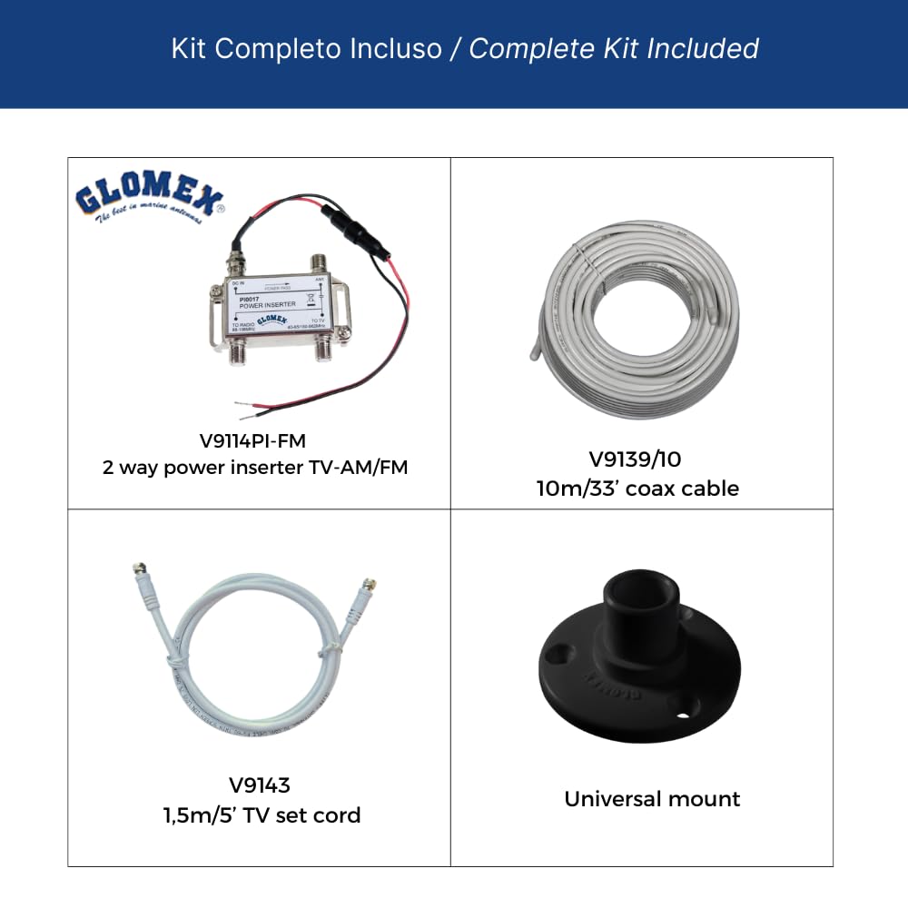 Glomex – Antenna TV Terrestre Omnidirezionale Avior 10x21cm (Nero), Modello VT300-BK – Amplificatore Interno, Riceve TV/FM, Kit Completo, Per barche a vela, motore, gommoni, yacht – Massima Ricezione
