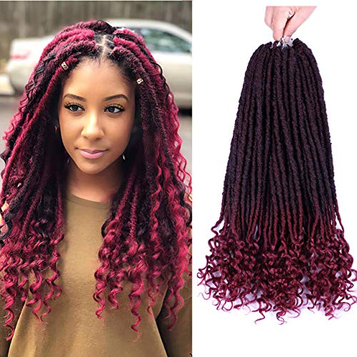 6 Packs Faux Locs Crochet Hair Straight Goddess Locs with Curly Ends Synthetic Braiding Hair Extensions (18 inch, #1b/burg)