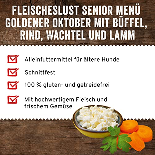 Fleischeslust Goldener Oktober Seniormenü mit Rind, Wachtel, Lamm mit Spirulina, Kamille u. Hüttenkäse Wurst (1 x 800 Gramm)